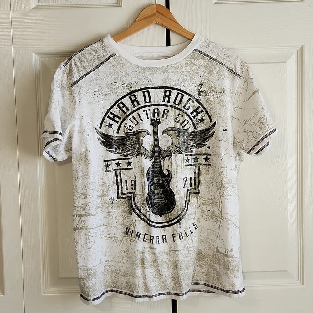 Hard Rock Cafe Women's White & Black T-shirt Size LG Niagara Falls Guitar Cotton